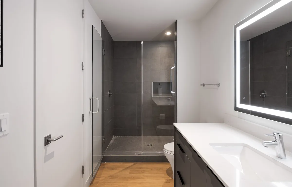 A spa-inspired ensuite bathroom with a sleek vanity and mirror, a spacious stand-in shower, and minimalist decor. The space feels refreshing and luxurious, evoking a sense of personal retreat.
