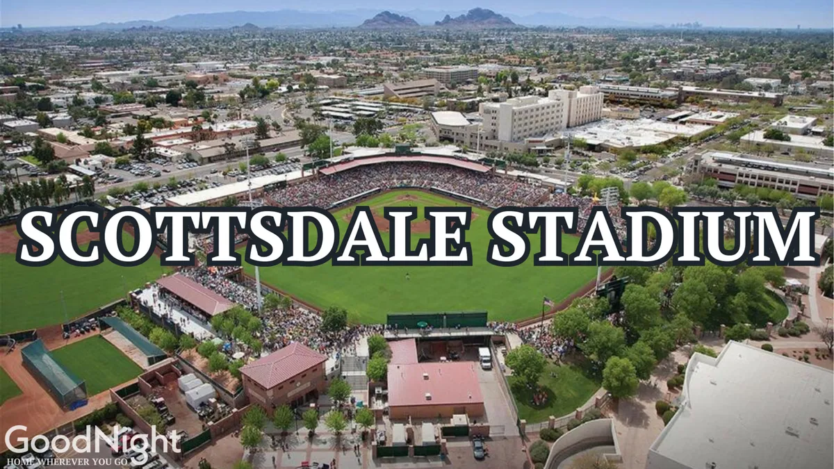 A thrilling view of Scottsdale Stadium filled with spectators, a sunlit baseball field, and glimpses of the surrounding cityscape. The crowd’s energy and the stadium’s iconic architecture are front and center, evoking the feeling of shared celebration and major events.